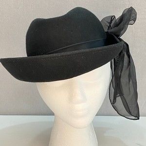 KPL Womens Hat Black Fedora 100% Wool  Scarf Band Upturned Brim